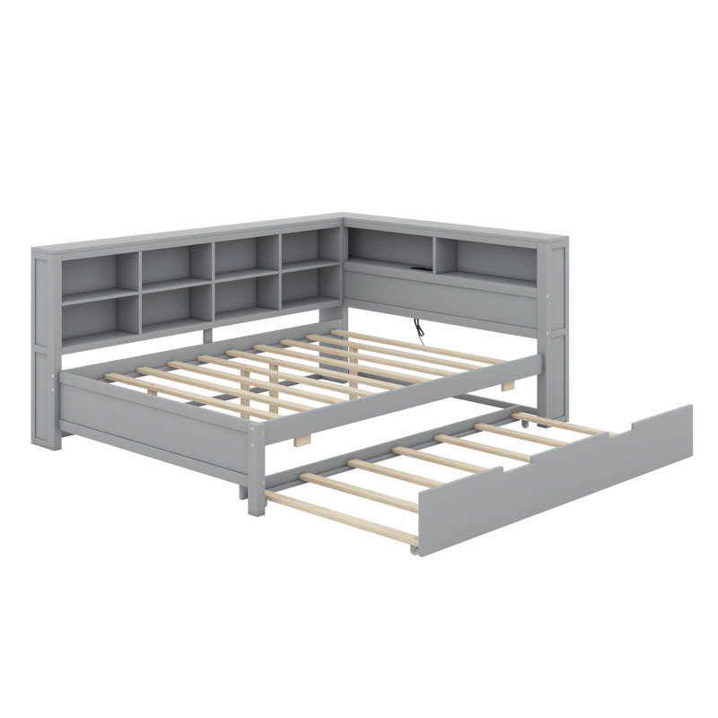Lit de jour en bois, base de lit plateforme moderne avec lit gigogne simple, tablettes et ports USB, Gris, Complet/Double