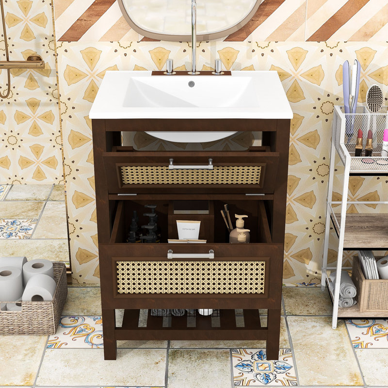 Meuble-lavabo de salle de bain avec lavabo, tiroir profond et tiroir basculant, Marron foncé