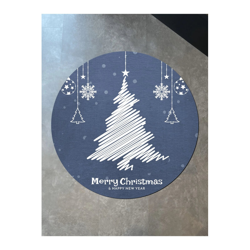 Blue Christmas Themed Tree Ornament Patterned Modern Woven Base Round Decorative Carpet, Round 3'4"