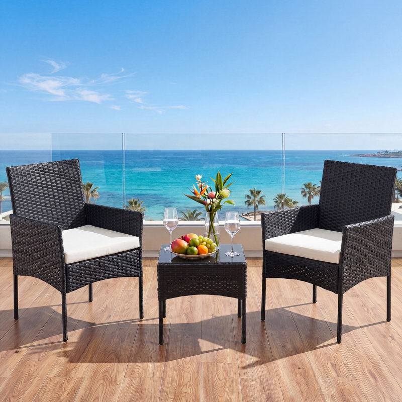 3 Piece Patio Set with 9×15 Ft Umbrella and Base, Wicker Outdoor Furniture Set, Black