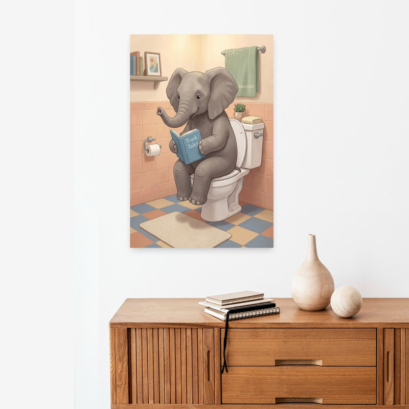 Elephant Reads On Toilet by Andreas Magnusson - Wrapped Canvas Print, 60.96 cm H x 40.64 cm W