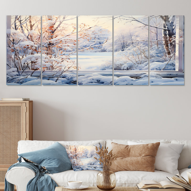 Winter River Window View III - Winter Landscape, ensemble d'art mural 5 pièces, H 28 po x l 60 po