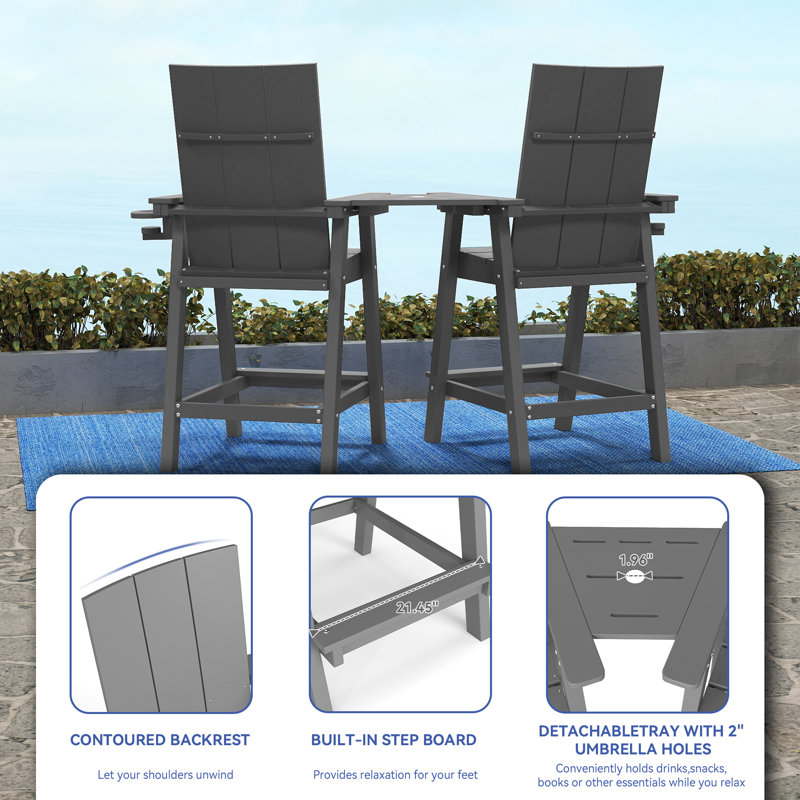 Chaises hautes Adirondack avec plateau de connexion Hdpe (ensemble de 2), Gris