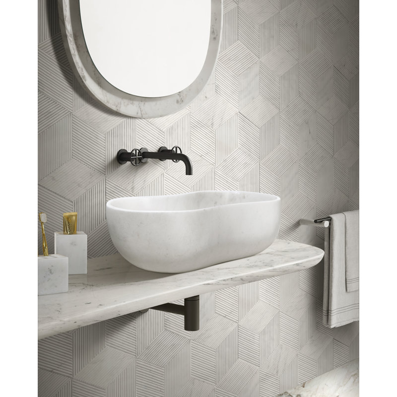 White Natural Marble Bathroom Vessel Sink, Semi-Polished Stone, 23.6 X 14.2 In. | Gift Idea, White/Natural