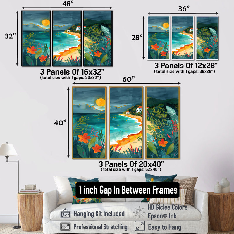 Ensemble de salon art mural orange plage verte au Mexique I - plage, Toile avec cadre flottant noir, 28" H x 12" W x 1" D