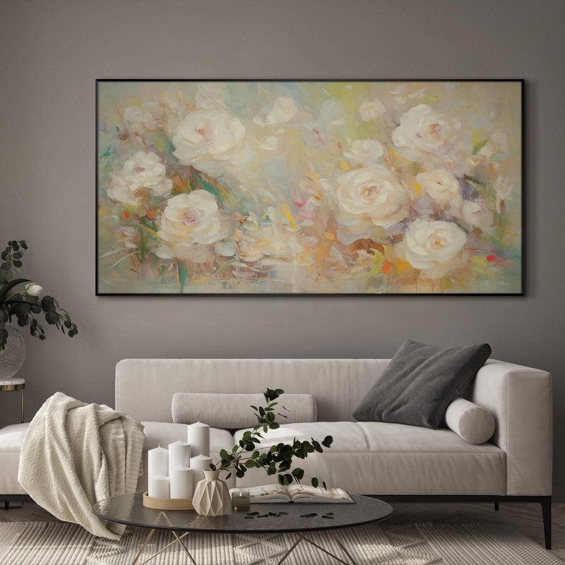 Extra Large Wall Art Fabric Print - Soft Pastel Roses in Abstract Impressionist Style Artwork Decor for Living Room or Bedroom - "Frame Assembly Required (Unfinished Frame)"