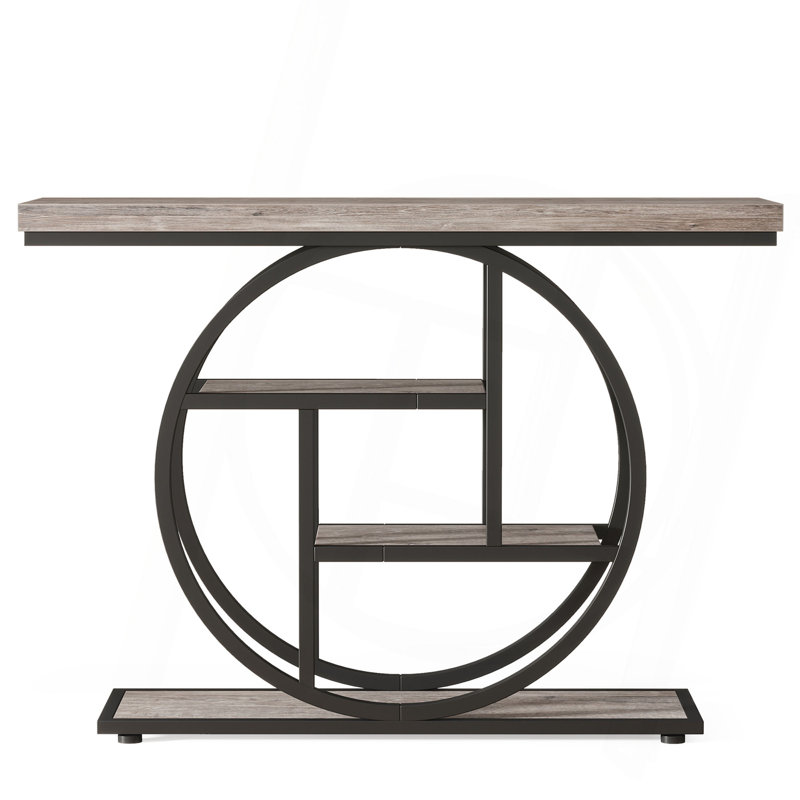 41.3" Industrial Console Table, 4-Tier Grey Sofa Table With Unique Circle Metal Frame & Storage Shelves, Narrow Entryway Accent Table For Living Room, Hallway, Foyer
