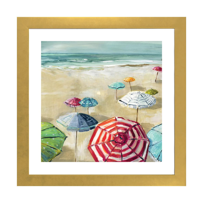 «Umbrella Beach II» par Carol Robinson - reproduction imprimée, H 16 po x l 16 po x p 1 po, Papier encadré doré, Blanc