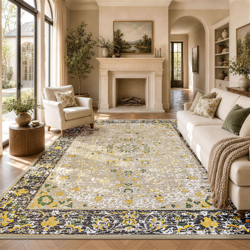 Tapis oriental oriental avec motif doré et vert - Tapis à motif traditionnel pour le salon et la chambre à coucher