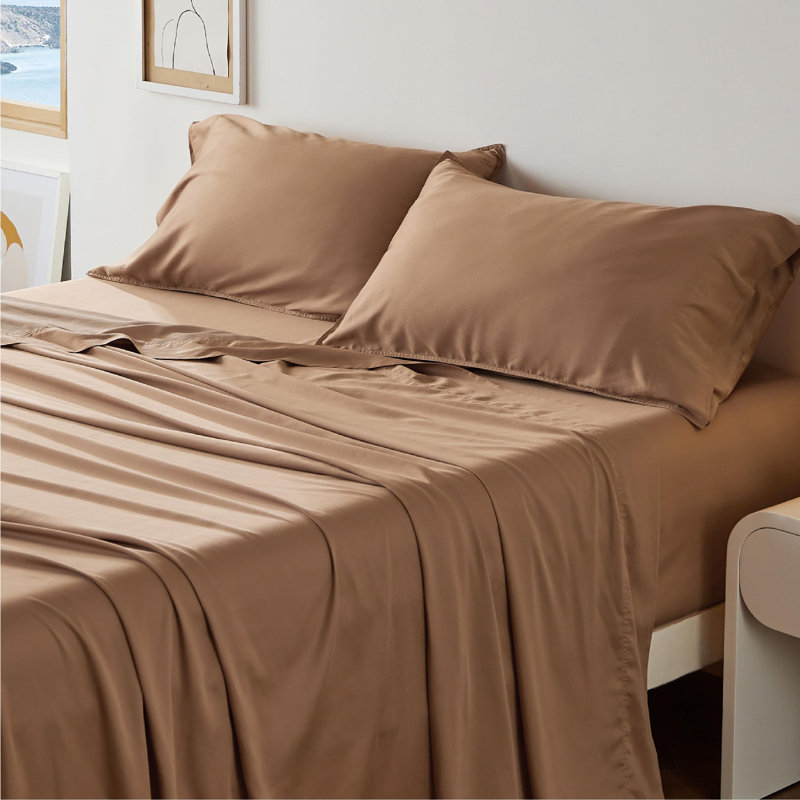 Ensemble de draps en coton et eucalyptus, Ensemble de drap grand avec un drap-housse et deux, Taupe