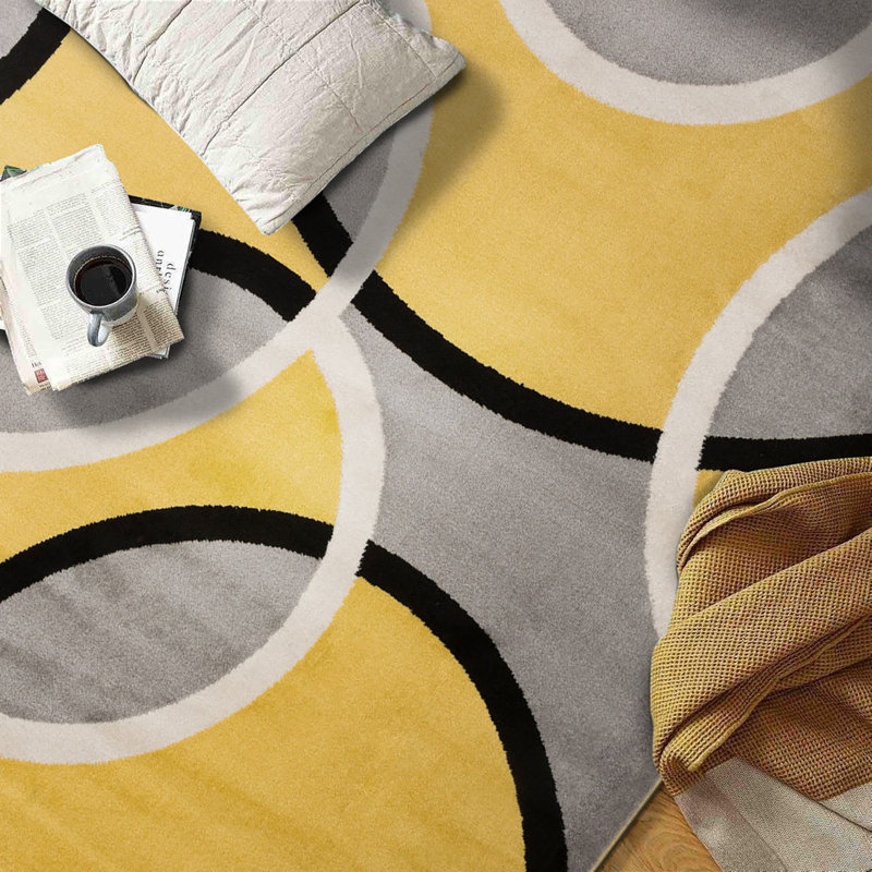 Yellow and Gray Geometric Rectangular Synthetic Area Rug