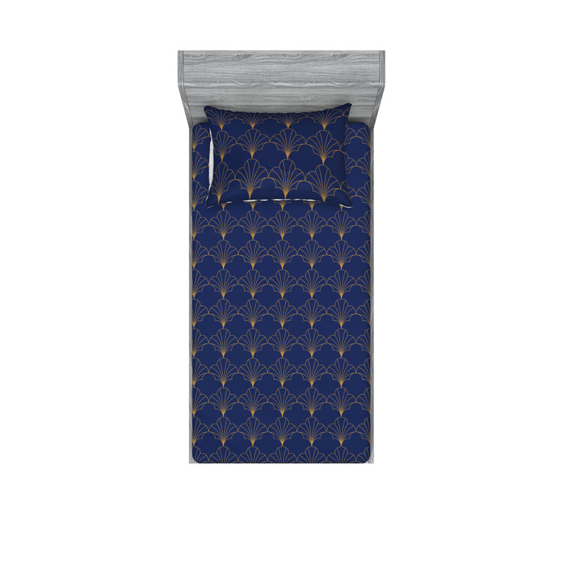  Ensemble de draps en microfibre géométrique, Ensemble de draps pour lit simple avec 1 taie d'or, Bleu marine / brun sablé