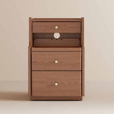 Annie Aevah Soild Wooden Nightstand with Raised-Edge Top, Sliding Shelf, Cable Hole & Skirting Board Space