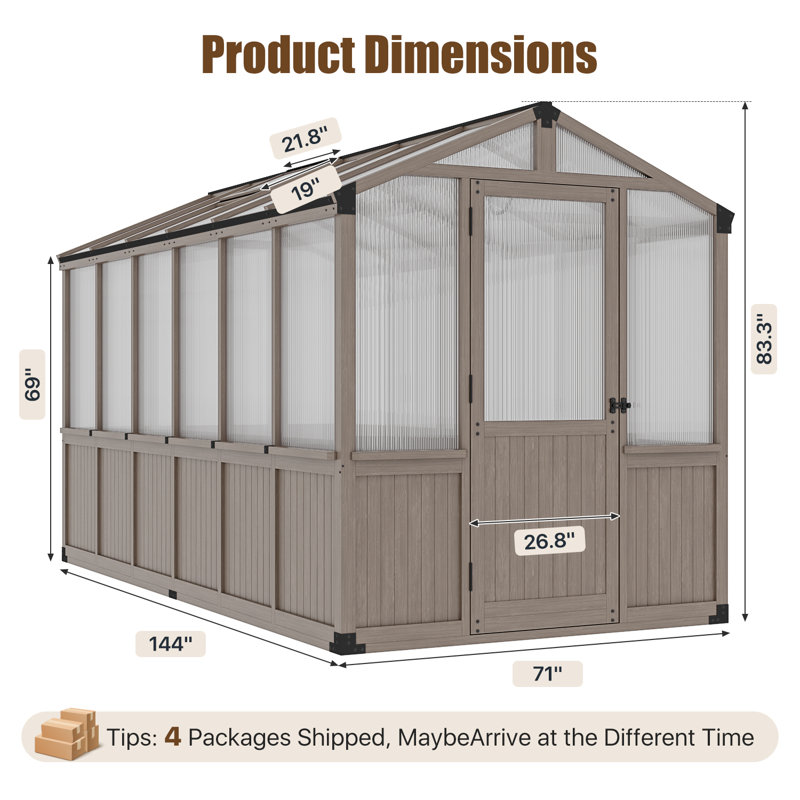 Wooden Greenhouse,polycarbonate Walk-in Outdoor Greenhouse, 6.94' H x 6' W x 12' D