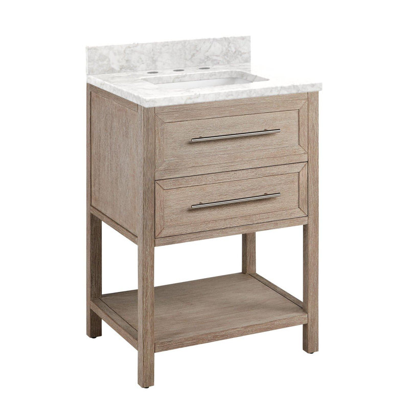 Ensemble de meuble-lavabo simple 24 po avec lavabo encastré rectangulaire Robertson, 8 po, Marbre de Carrare, Blanc