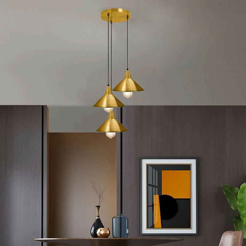 Rosenthal 3-Light Cluster Cone Pendant, Yellow Brass