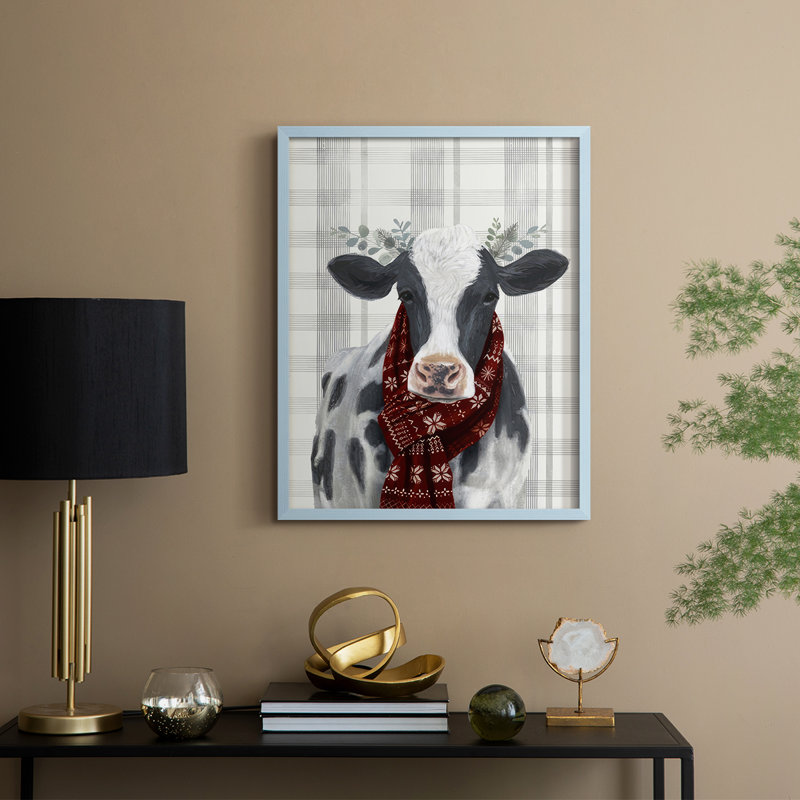 Yuletide Cow I, reproduction encadrée - bois massif, H 15 po x l 12 po, Bleu