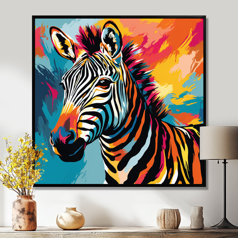 Coloré Popart fantaisie zébrée I - art mural zèbre, Cadre flottant noir, H 16 po x l 16 po x P 1 po