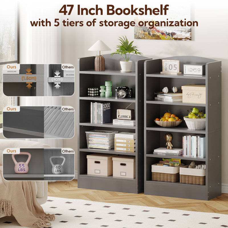 5-Shelf Multi-Functional Modern Wood Bookcase,, Dark Gray