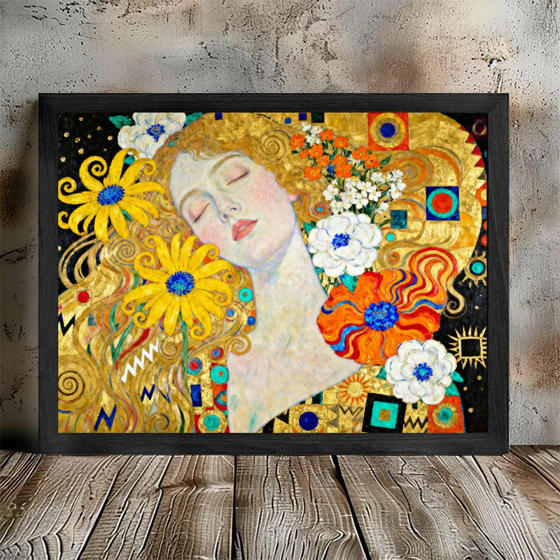 «Black Gustav Klimt», art abstrait avec femme et fleurs, H 37 po x l 25 po