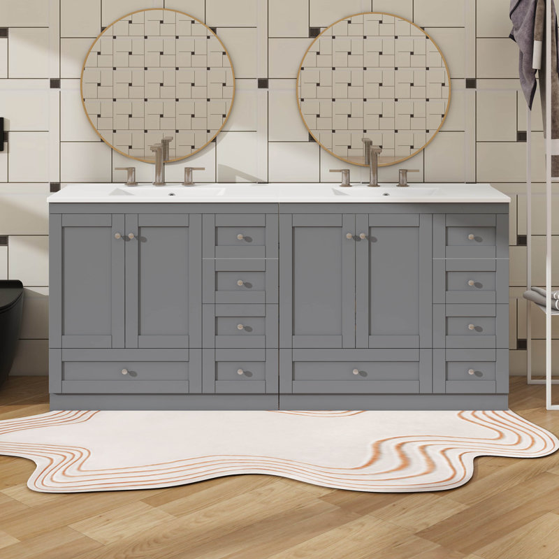 Meuble-lavabo autoportant de 72 po de style Shaker avec lavabo en céramique, tiroirs à fermeture en douceur et portes à fermeture en douceur