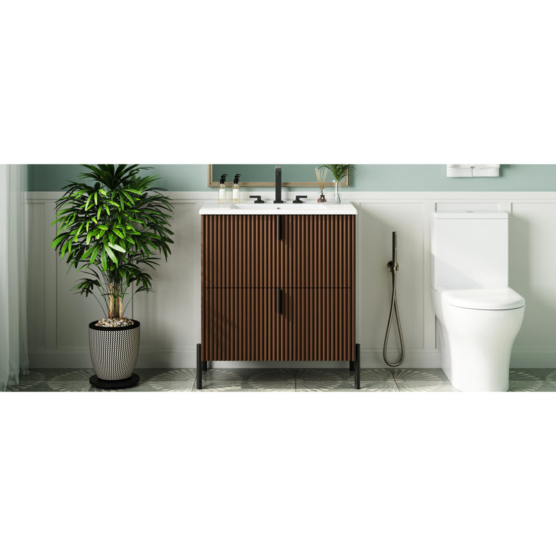 Meuble-lavabo en céramique brun foncé de 30 po, tiroirs à extension, fonction de fermeture en douceur, conception cannelée artisanale pour salle de bain de luxe brun avec lavabo, mécanisme,