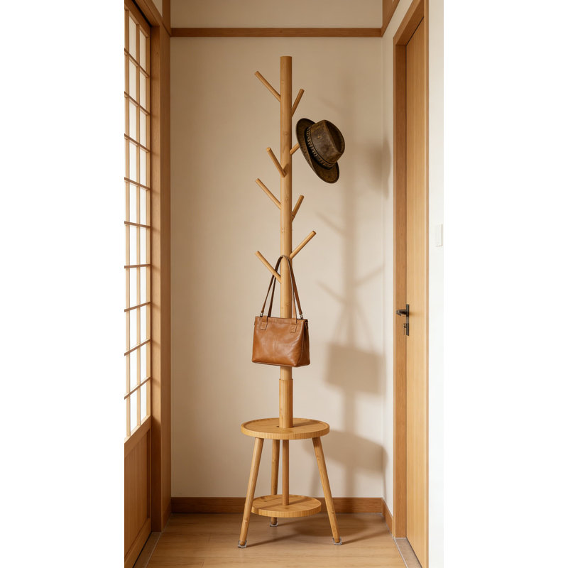 Freestanding Bamboo Coat Rack With 8 Hooks And Umbrella Holder, Adjustable Height Hall Tree For Bedroom, Living Room, Entryway, And Office