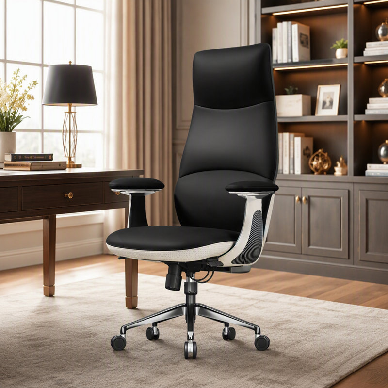 Fauteuil de direction ergonomique en cuir véritable avec dossier haut, motif élégant, réglages possibles et capacité de charge de 181 kg pour un confort et un soutien optimaux.