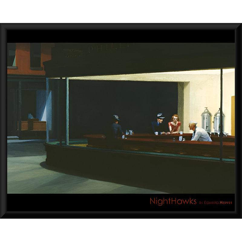 «Nighthawks» par Edward Hopper - reproduction d'impression sur papier, H 16 po x l 20 po x P 0,1 po, Papier encadré noir