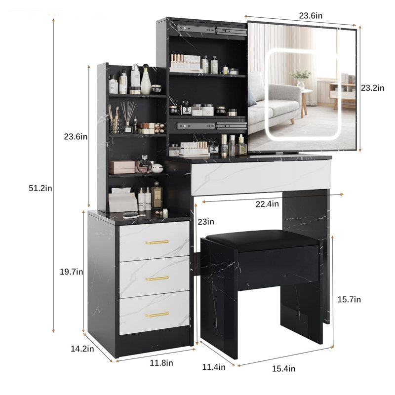 Vanity Desk,makeup Vanity Desk With Sliding Lighted Mirror, Charging Station, Black
