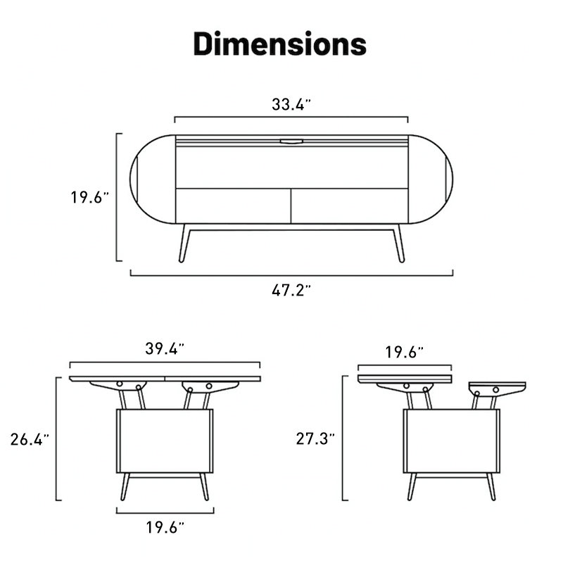 Table basse incurvée à plateau relevable avec rangement