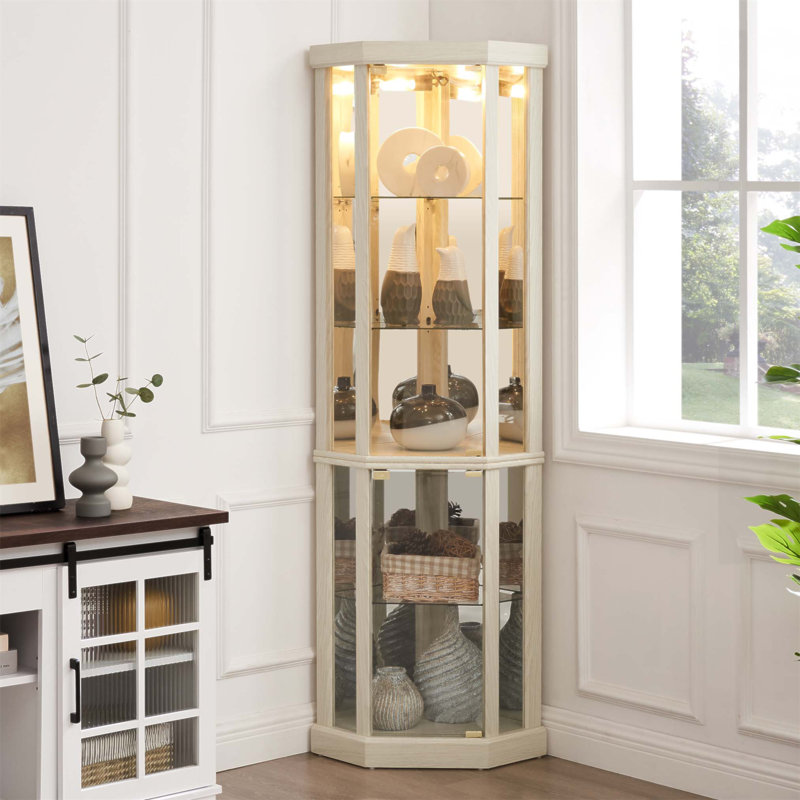 Vitrine de coin lumineuse - Vitrine élégante en verre avec tablettes réglables et éclairage intégré pour le rangement du salon et du bar