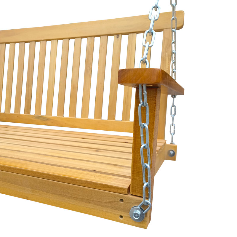 Teak Wood Porch Swing With Chains & Armrests - Outdoor Patio Bench For Garden/Backyard, Yellow