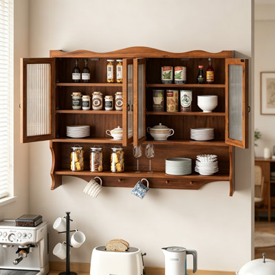 39.37"Retro 4 Door Wall-Mounted Cabinet, Featuring Two Layers Of Storage Space And An Open Hook Rack  Space,Suitable For Bathrooms, Kitchens, Dining Rooms, Brown