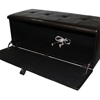Banc de rangement en cuir brun de 18,5 po de hauteur, poignée avant à tirer, charnière simple pour plus de stabilité, rangement de L 38,5 po x l 12,5 po, pieds de 2 po 3,5 po, poids du produit 46 po, profondeur 40 po, profondeur du colis 43 po
