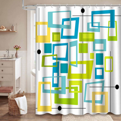 Waterproof Colorful Stylish Brown Spot Retro Squares Shower Curtain with 12 Hooks