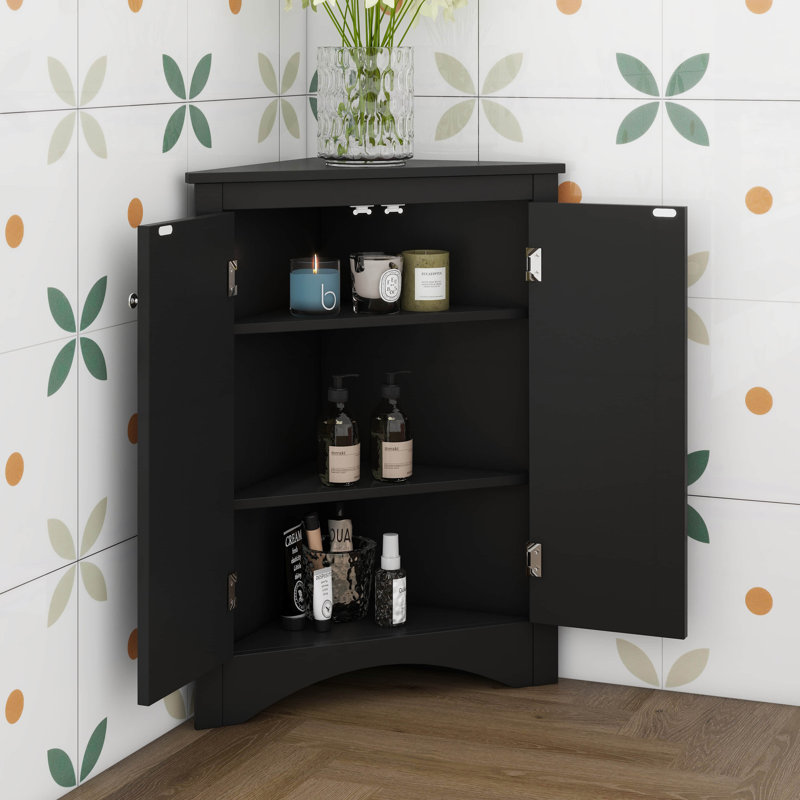 Corner Storage Cabinet, Bathroom Triangle Floor Storage Cabinet With Adjustable Shelves, Freestanding Floor Cabinet With 2 Doors