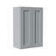 Armoire murale grise avec portes doubles et tablettes réglables. 