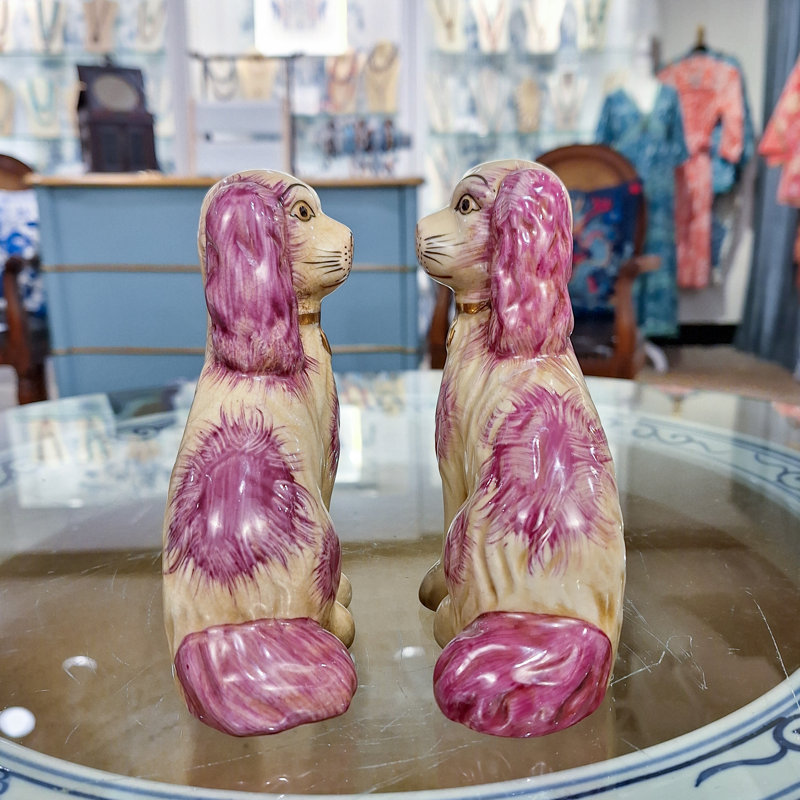 Staffordshire Style Porcelain Dog Pair Pink Antique Small