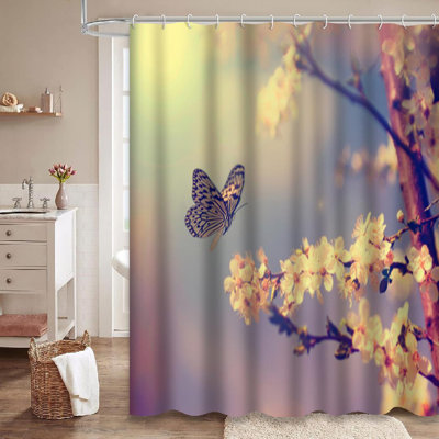Vintage Butterfly Cherry Tree Spring Shower Curtain with 12 Hooks