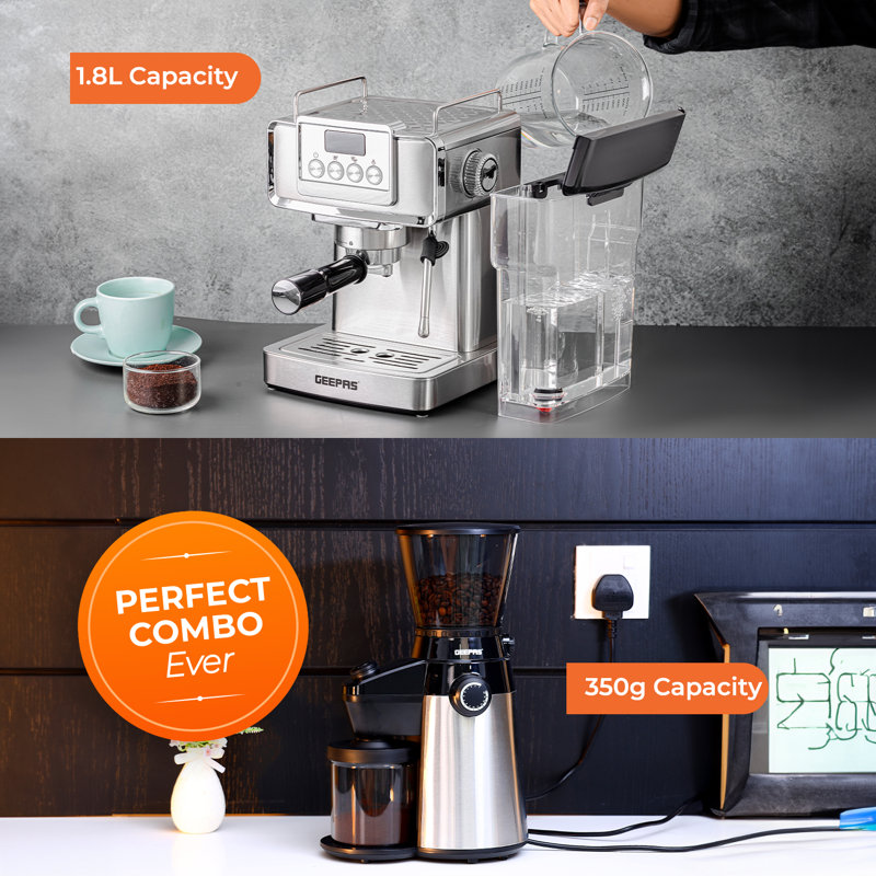 Geepas Espresso Coffee Machine & Conical Burr Coffee Grinder Combo Set - 1465W Coffee Maker With Milk Frother, Coffee Grinder With 15 Precise Settings
