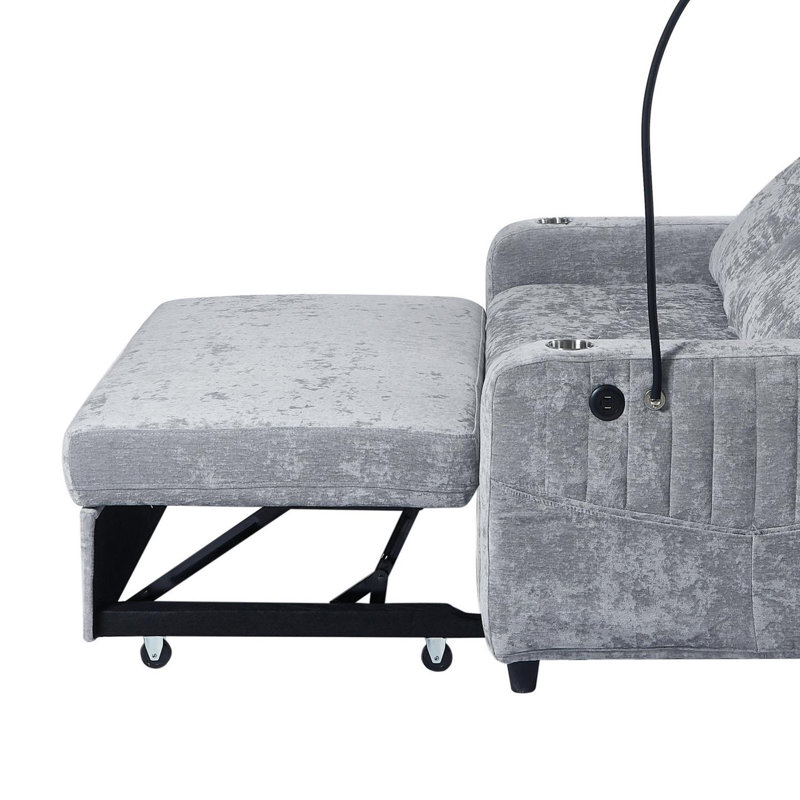Canapé-lit escamotable en chenille avec dossier réglable et ports de charge, Gris