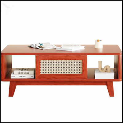 Mid Century Modern Coffee Table With Rattan Drawer, Spacious Storage For Living Room, Durable Wooden Design
