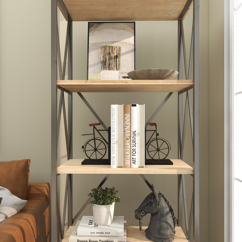 Ensemble de serre-livres en métal avec décorations en bois, Brun