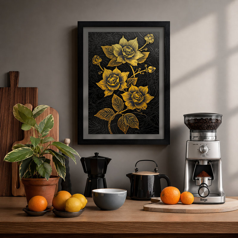 Golden Roses Botanical - Framed Print, A2 - 59.4 x 42.0 cm, Black