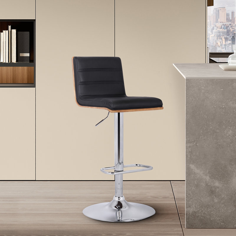 Mcmillon Swivel Adjustable Height Bar Stool with Pedestal Base in Faux Leather, Chrome, Walnut Wood, Black