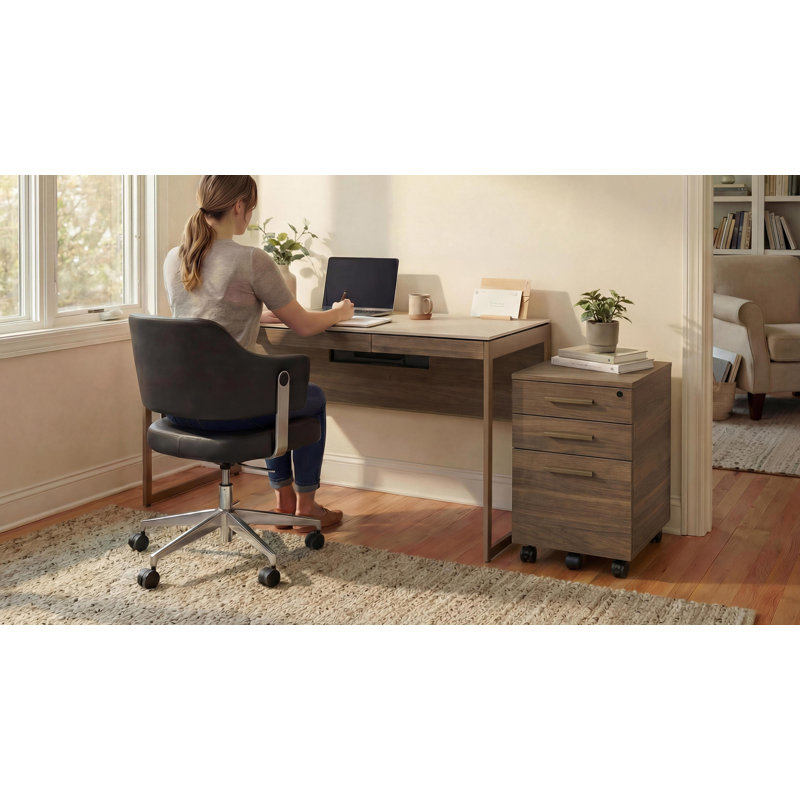 2 Piece Glass Rectangular Office Set, Neo Walnut/Bronze