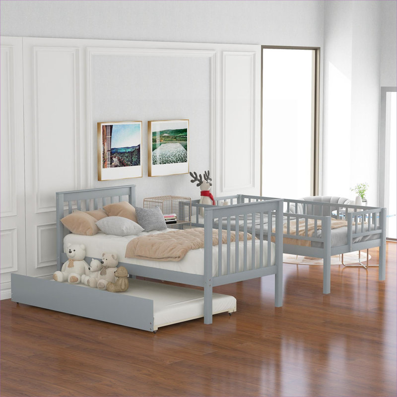 Lit plateforme simple en pin massif avec lit superposé simple et gigogne avec rangement latéral, gris neutre, Gris