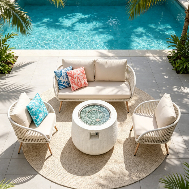 4-Piece Outdoor Lounge Set With 2 Single Sofas, 1 Double Sofa, And Magnesium Oxide Fire Pit – Woven Rattan, Water-Resistant Cushions, Adjustable Feet, For Patio, Garden, And Deck