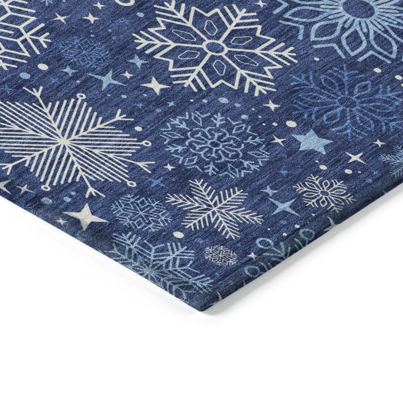 Tapis bleu marine flocon de neige Xhevrie intérieur / extérieur lavable à la machine, Rectangle 1 pi 8 po x 2 pi 6 po